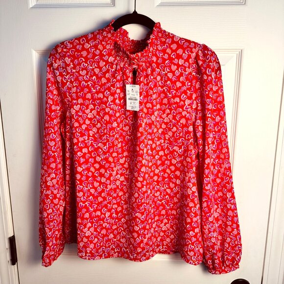J.Crew Women’s Red Pink Heart Print Smocked Neck Feminine Blouse Size Small NWTD - Picture 2 of 10